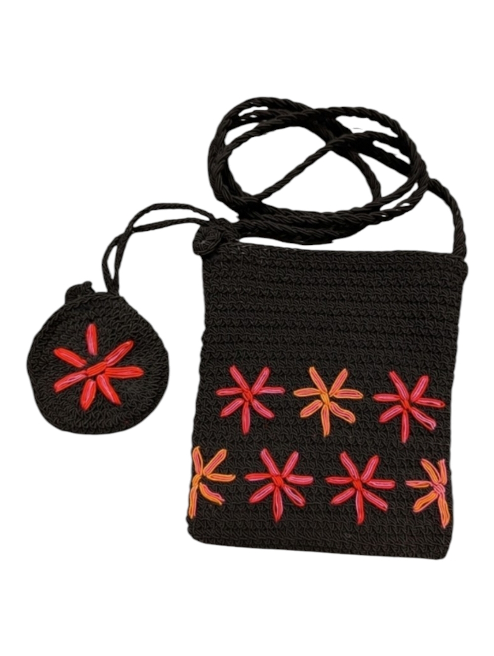 Bohemian Floral Crochet Crossbody & Matching Coin Purse Black & Pink